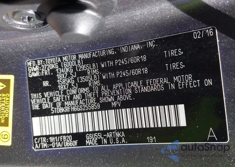 2016 Toyota Highlander Le V6 z USA, uszkodzony, nr VIN 5TDBKRFH6GS255859